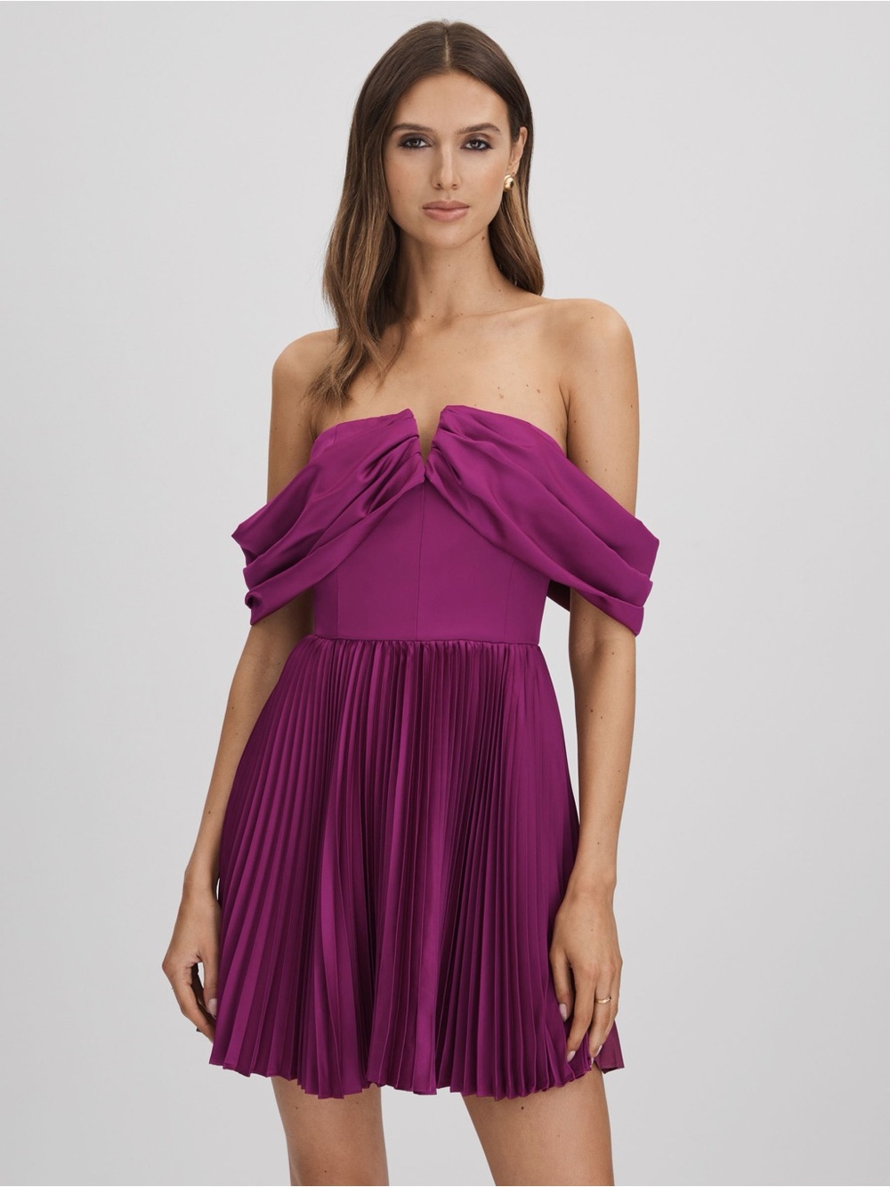 AMUR Strapless Pleated Mini Dress in Magenta Purple